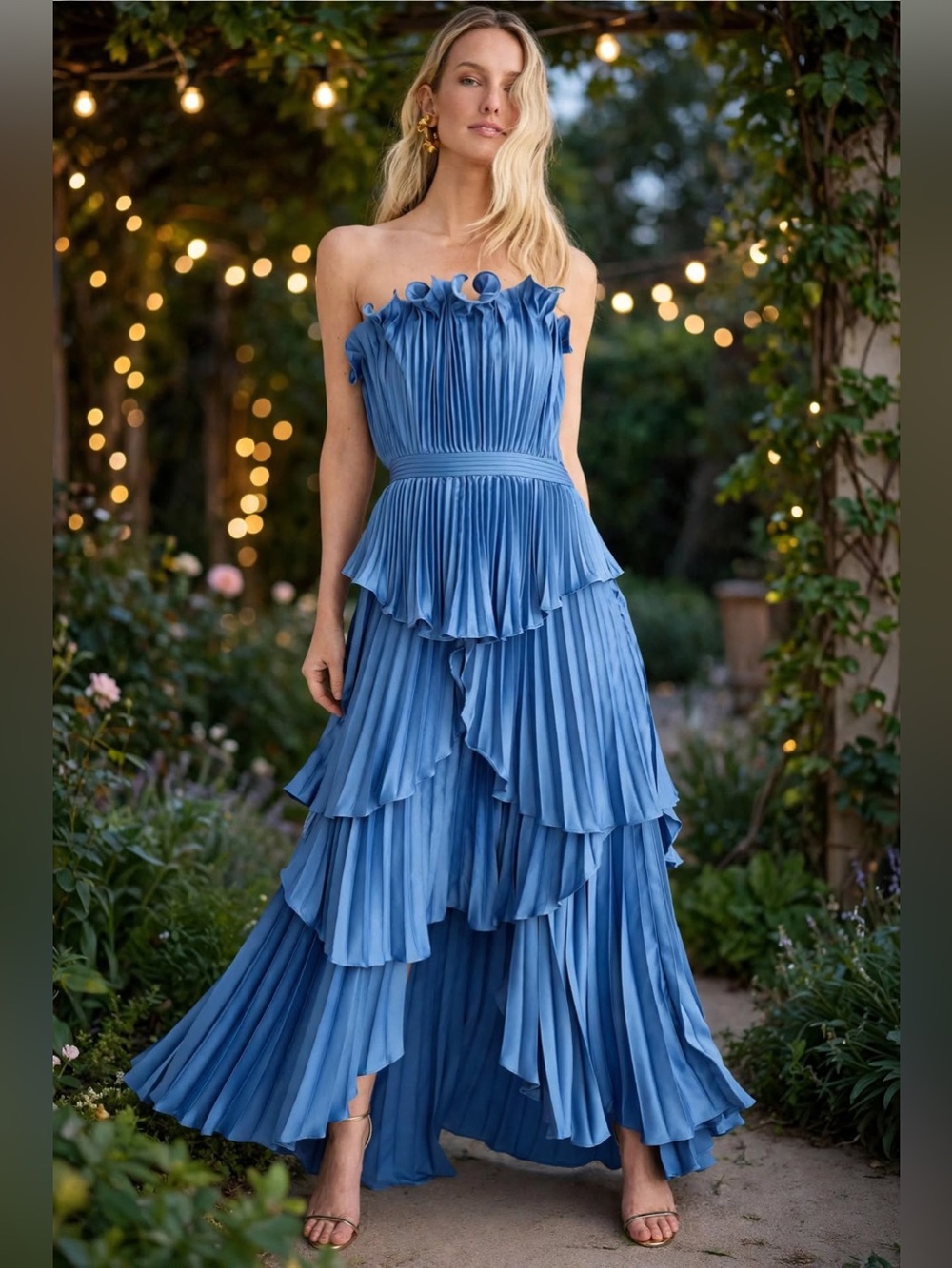 AMUR Janey Gown Strapless Ruffle Tiered Pleated Maxi Dress - Blue Sz 10